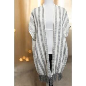 Olive + Oak Open Front Fringe Cardigan Women M Cream‎ Gray Striped Boho Kimono